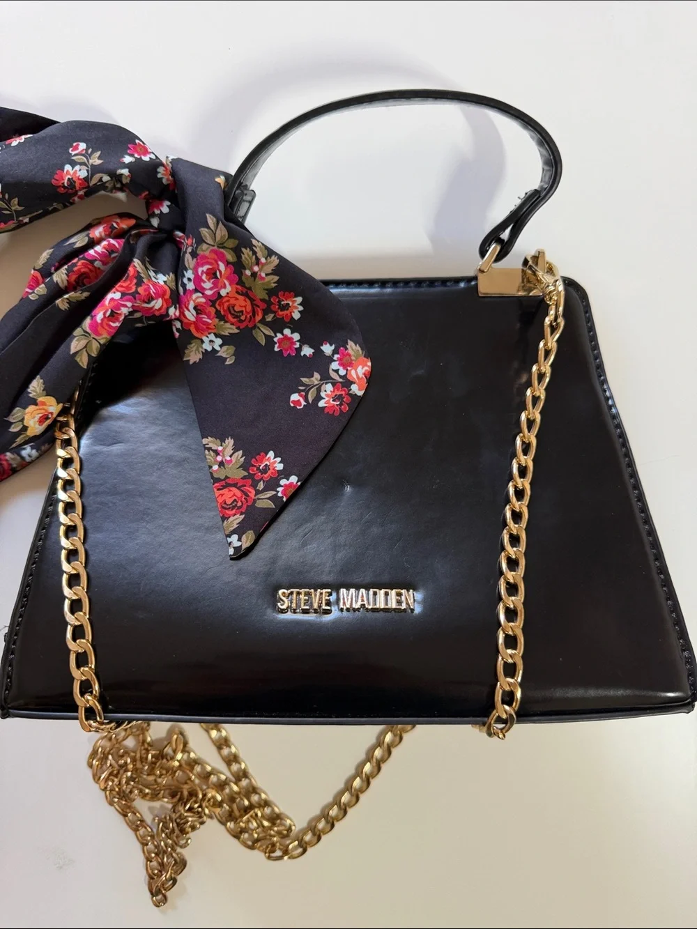 Steve Madden Black Structured Satchel with Gold Chain and Floral Scarf